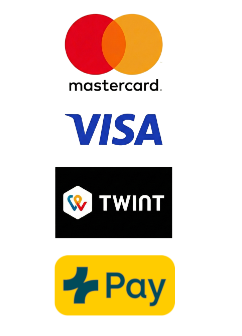 Méthodes de paiement acceptées : MasterCard, Visa, TWINT et PostFinance Pay.